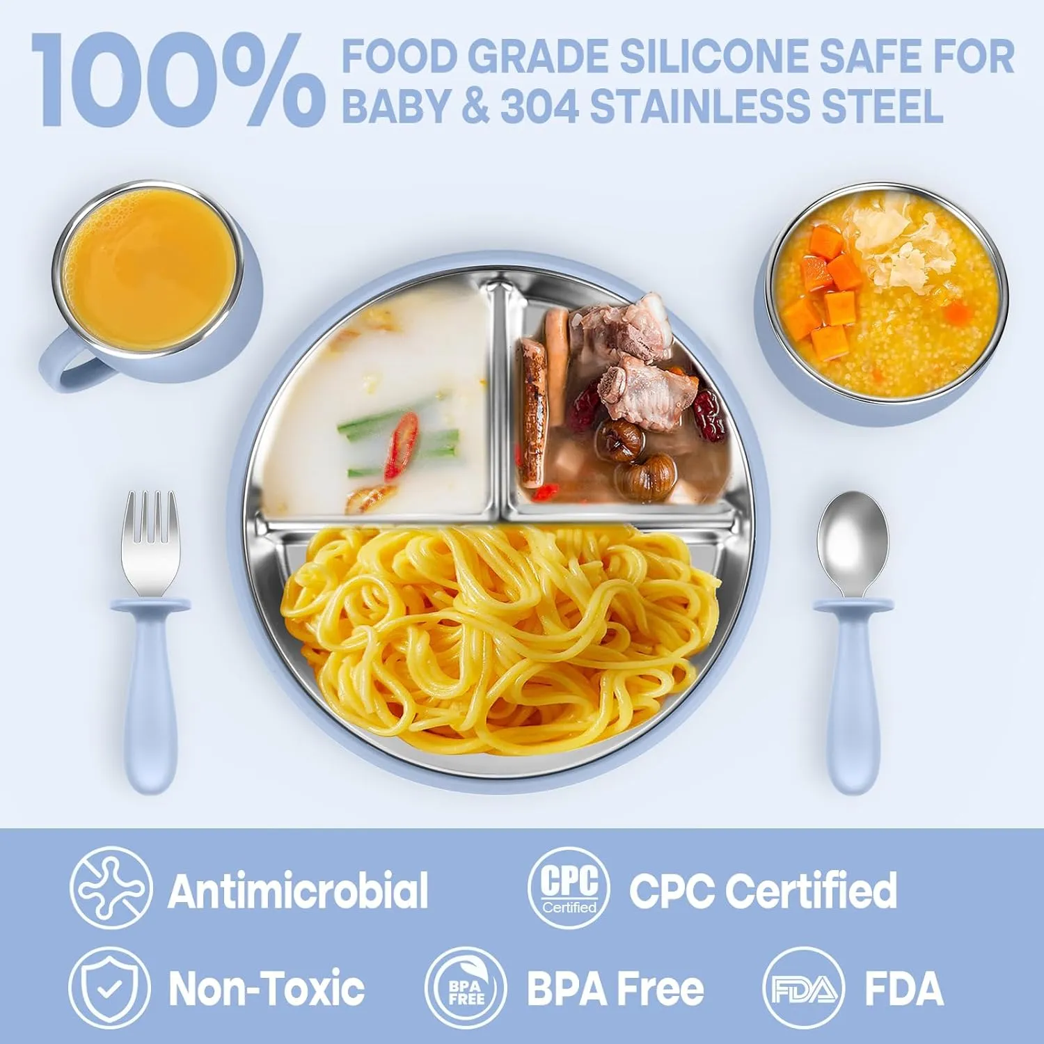 Stainless Steel Toddler Plates & Bowls Set with Silicone | 6-Piece Baby Feeding Essentials BPA-Free Durable Divided Suction Plate, Bowls, Cups, Bibs, Spoon & Fork for 6  Months Dishwasher Safe