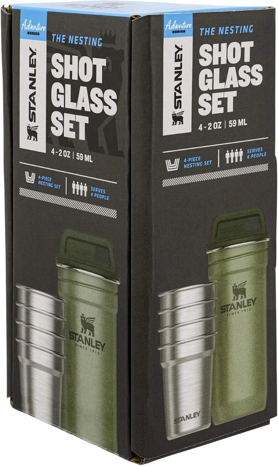 Stanley Adventure Pre-Party Nesting Shot Glass Set | 4 Shot Glasses in Travel Carrying Case | 2 oz Stainless Steel Shooters | BPA-Free | Hammertone Green
