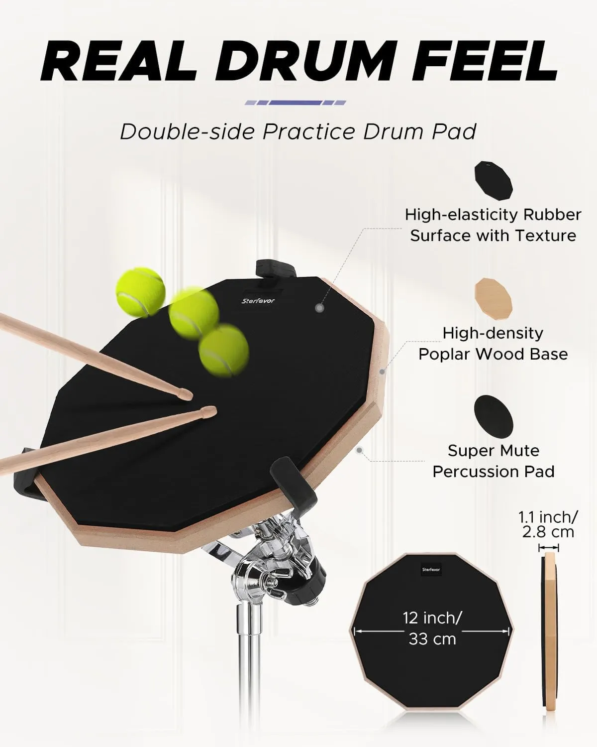 Starfavor Drum Practice Pad with Snare Drum Stand Set, 12 inch Double Sided Silent Drum Pad Kit with Drum Sticks, Drumstick Holder, Luminous Carrying Bag, Black (Fits 8''-15'' Drums)