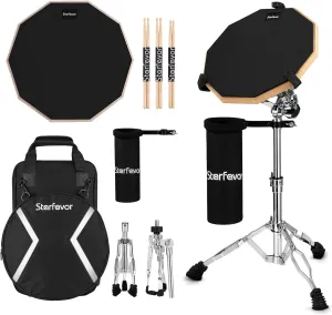 Starfavor Drum Practice Pad with Snare Drum Stand Set, 12 inch Double Sided Silent Drum Pad Kit with Drum Sticks, Drumstick Holder, Luminous Carrying Bag, Black (Fits 8''-15'' Drums)