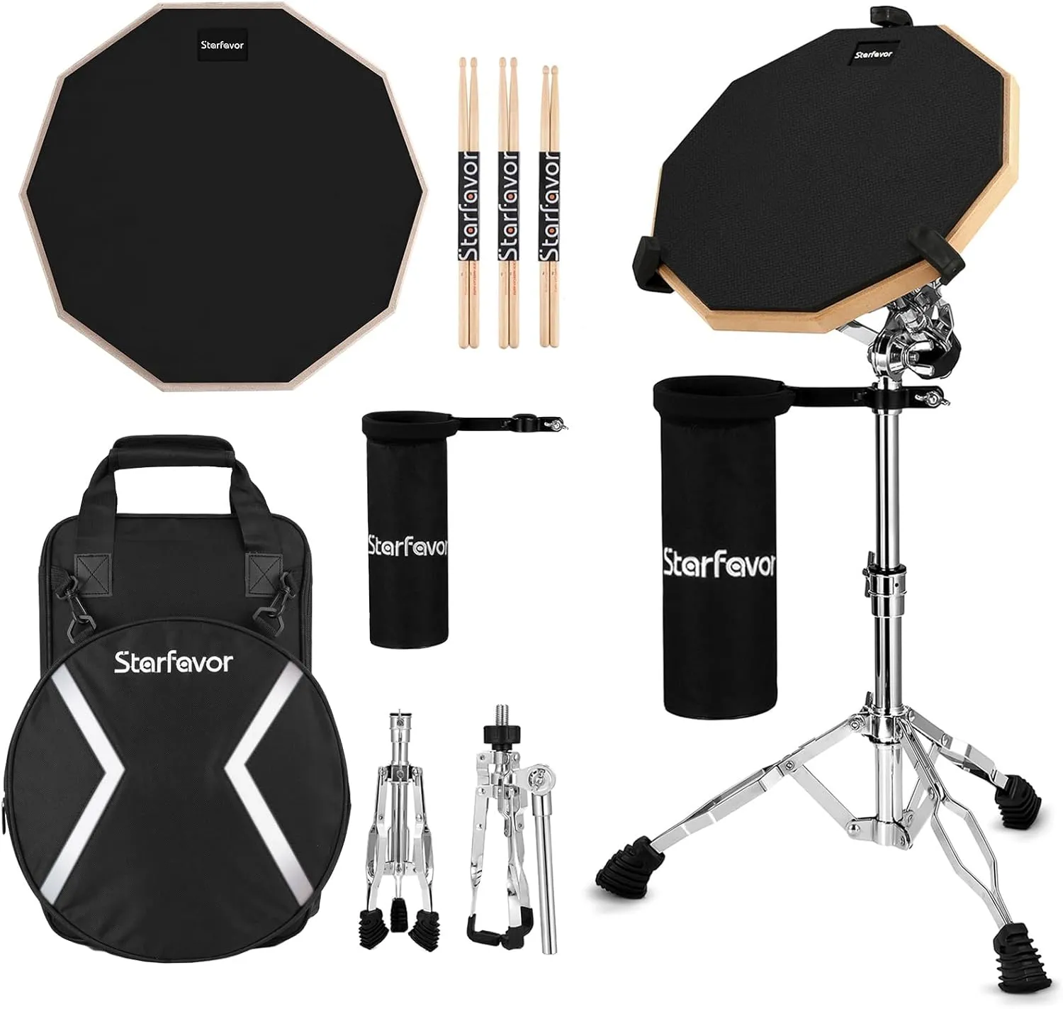 Starfavor Drum Practice Pad with Snare Drum Stand Set, 12 inch Double Sided Silent Drum Pad Kit with Drum Sticks, Drumstick Holder, Luminous Carrying Bag, Black (Fits 8''-15'' Drums)