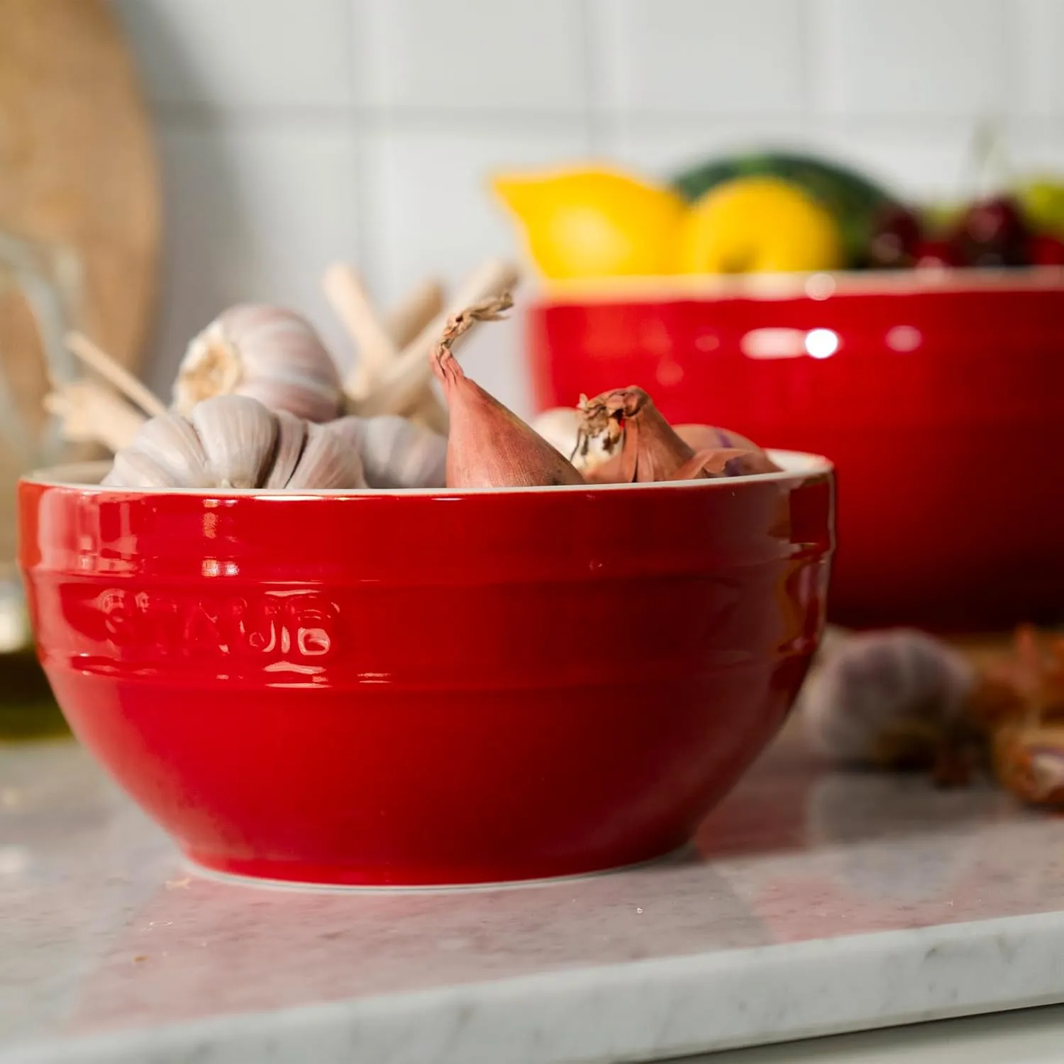STAUB Stoneware Ramekins Ceramic 2-pc Nested Mixing Bowl Set-Cherry
