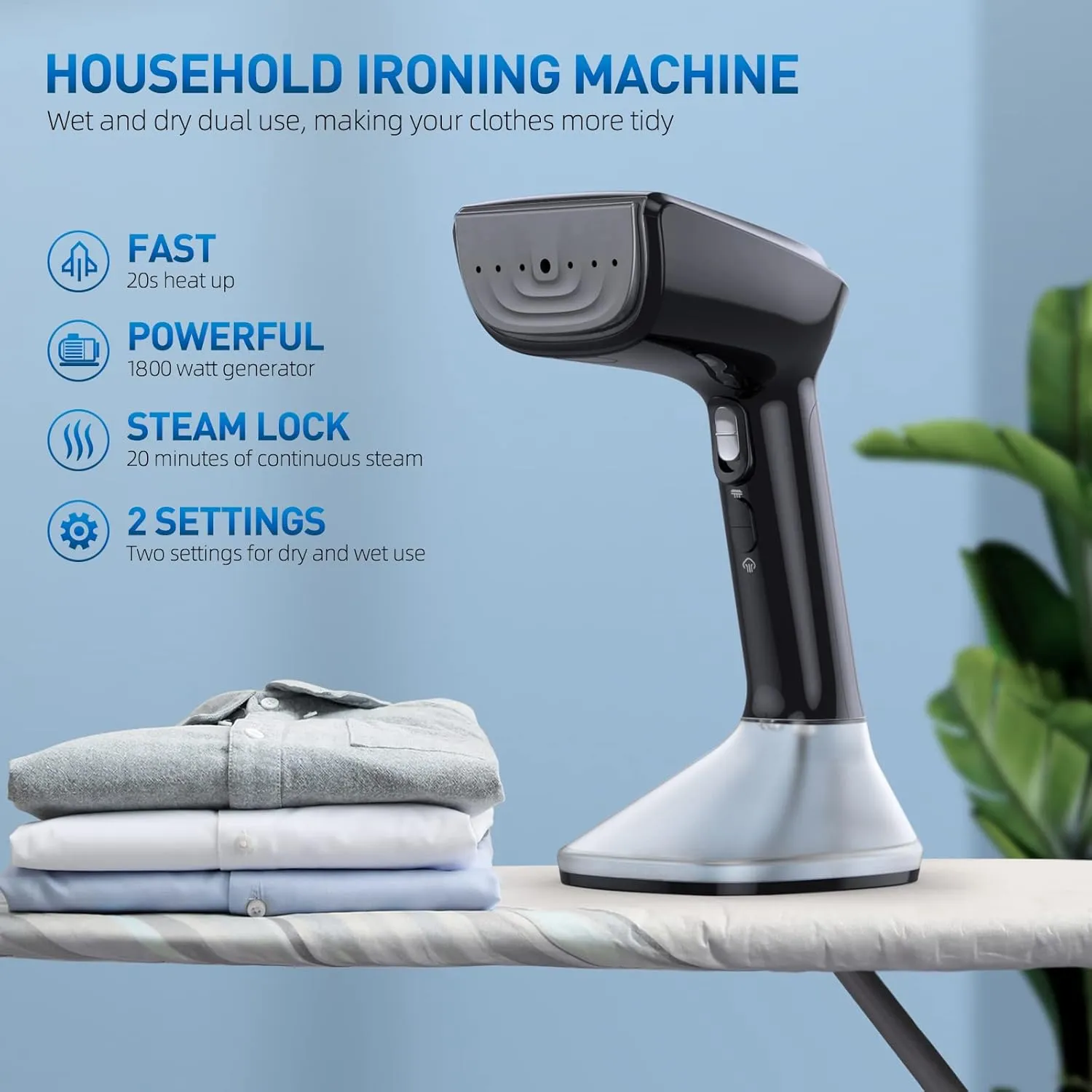 Steamer for Clothes -1800W with Wet/Dry Ironing Modes, 20-Second Heat-up, Detachable Water Tank, Heat-Resistant Gloves for Wrinkle Removal. Suitable for 120V Countries. Color: Black