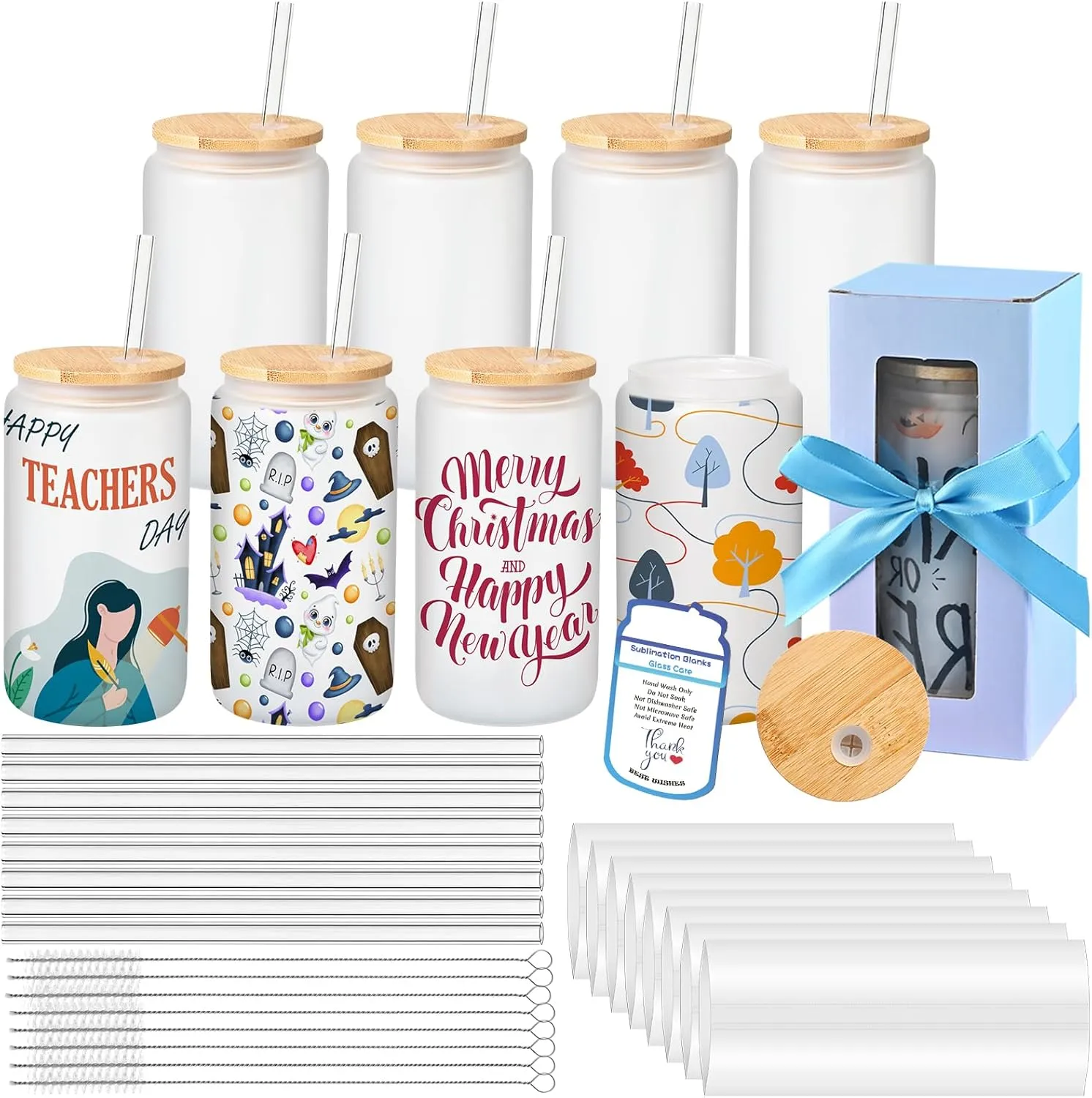 Sublimation Glass Blanks With Bamboo Lid, 16OZ Frosted Sublimation Beer Can Glass with Glass Straws Gift Box Mason Jar Cups Mug Travel Tumbler for Beer, Juice, Soda, Iced Coffee, Drinks(8 PACK)