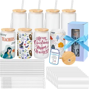 Sublimation Glass Blanks With Bamboo Lid, 16OZ Frosted Sublimation Beer Can Glass with Glass Straws Gift Box Mason Jar Cups Mug Travel Tumbler for Beer, Juice, Soda, Iced Coffee, Drinks(8 PACK)