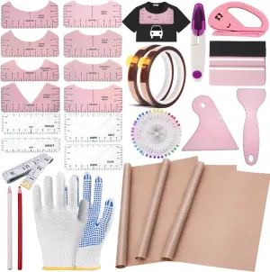 Sublimation Shirts Tool Kits 76 Pcs Shirt Measure Ruler Set Reusable Round Neck and V-Neck Alignment T-Shirt Guide Ruler Teflon Sheet for Heat Press 12 x 16in Heat Resistant Tape