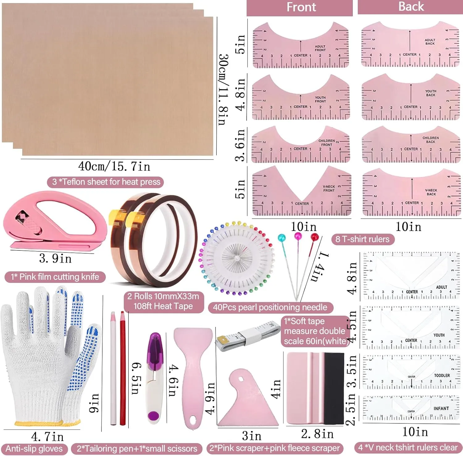 Sublimation Shirts Tool Kits 76 Pcs Shirt Measure Ruler Set Reusable Round Neck and V-Neck Alignment T-Shirt Guide Ruler Teflon Sheet for Heat Press 12 x 16in Heat Resistant Tape