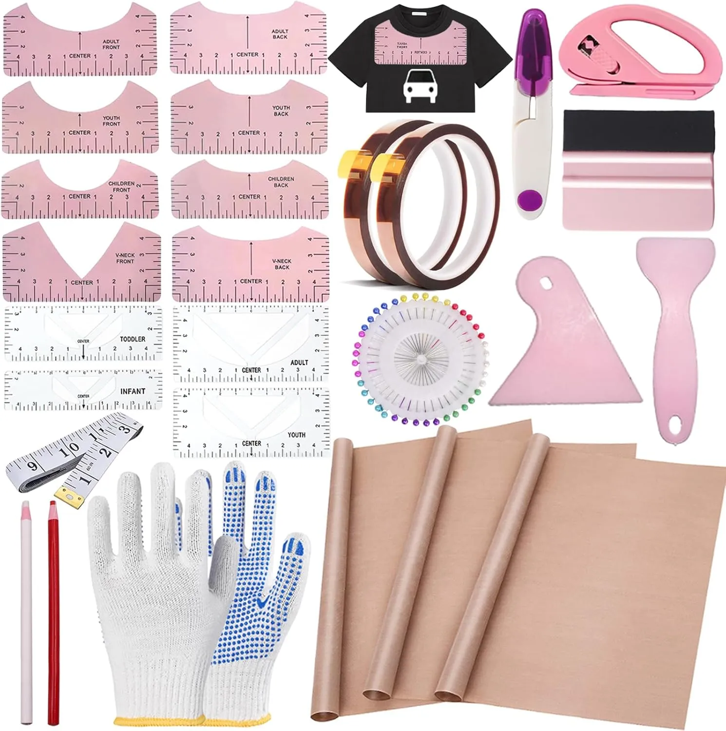Sublimation Shirts Tool Kits 76 Pcs Shirt Measure Ruler Set Reusable Round Neck and V-Neck Alignment T-Shirt Guide Ruler Teflon Sheet for Heat Press 12 x 16in Heat Resistant Tape