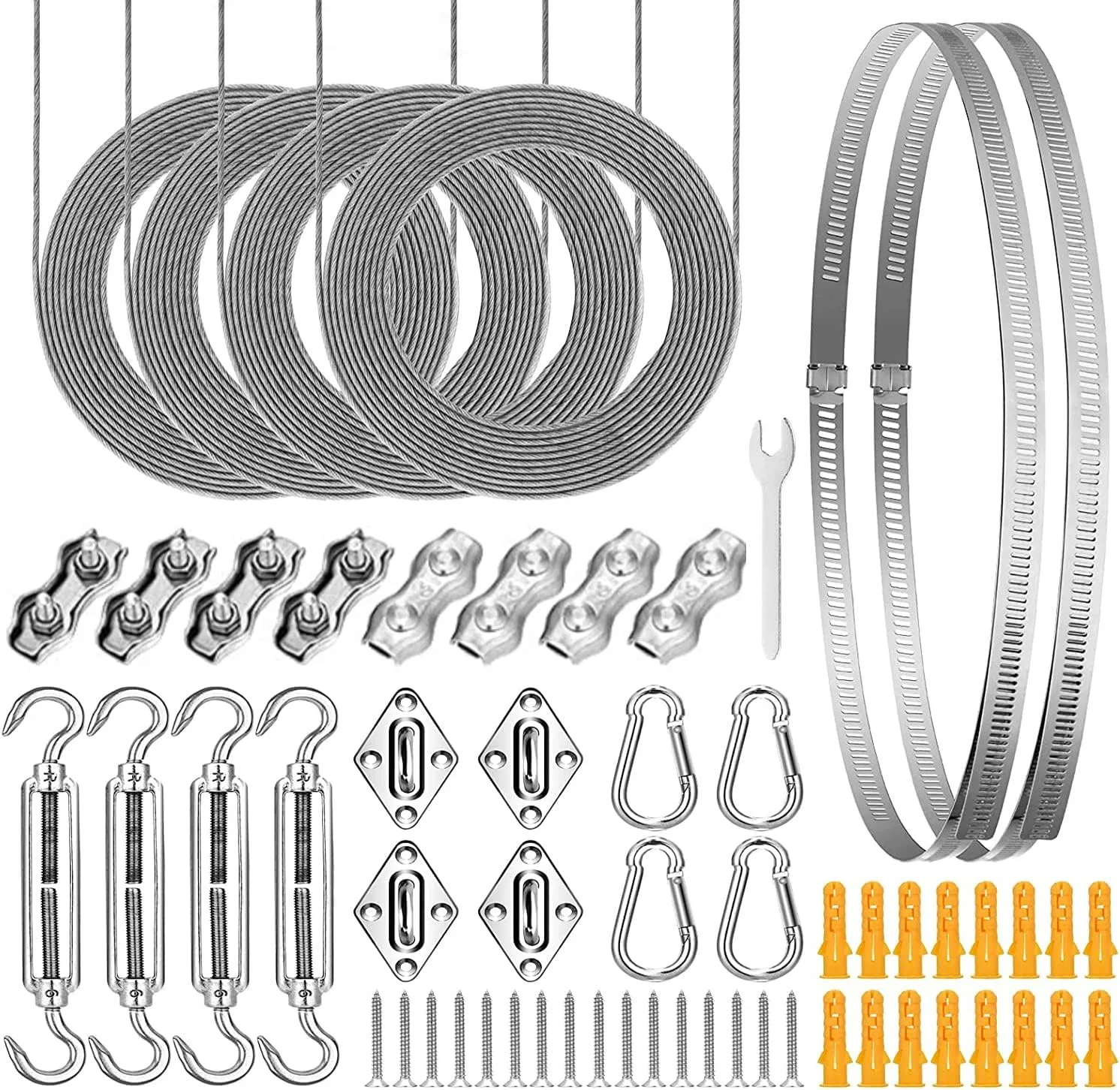 Sun Shade Sail Hardware Kit 6 inch with 4pcs 4 * 12ft Cable Wire Rope 304 Stainless Steel for Patio, Garden Triangle Rectangle and Square Sun Shade Sails Installation 59 pcs