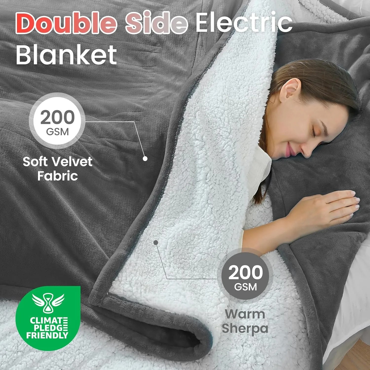 Sunable Heated Electric Blanket - Machine Washable Blanket with Time Settings 10 Heat Settings Twin Size 62×84 inches Grey - Velvet & Sherpa