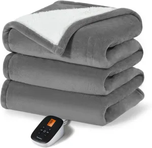 Sunable Heated Electric Blanket - Machine Washable Blanket with Time Settings 10 Heat Settings Twin Size 62×84 inches Grey - Velvet & Sherpa