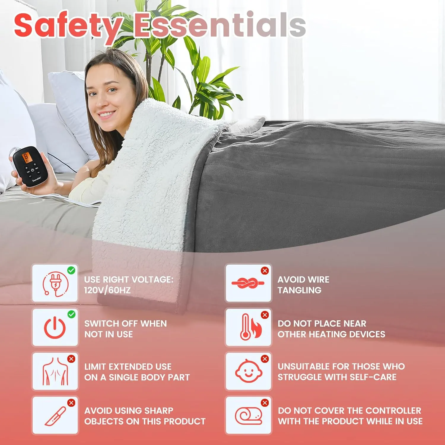 Sunable Heated Electric Blanket - Machine Washable Blanket with Time Settings 10 Heat Settings Twin Size 62×84 inches Grey - Velvet & Sherpa