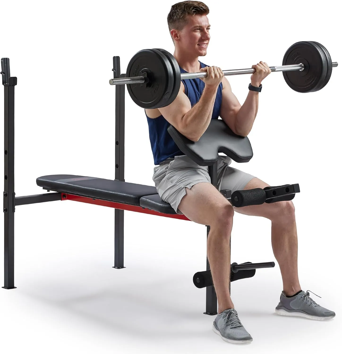 Sunny Health & Fitness Compact Premium Incline Bench Press Bar Rack Set & Optional Leg Extension Developer, Preacher Curl for Solid Strength Training Home Gym