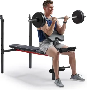 Sunny Health & Fitness Compact Premium Incline Bench Press Bar Rack Set & Optional Leg Extension Developer, Preacher Curl for Solid Strength Training Home Gym