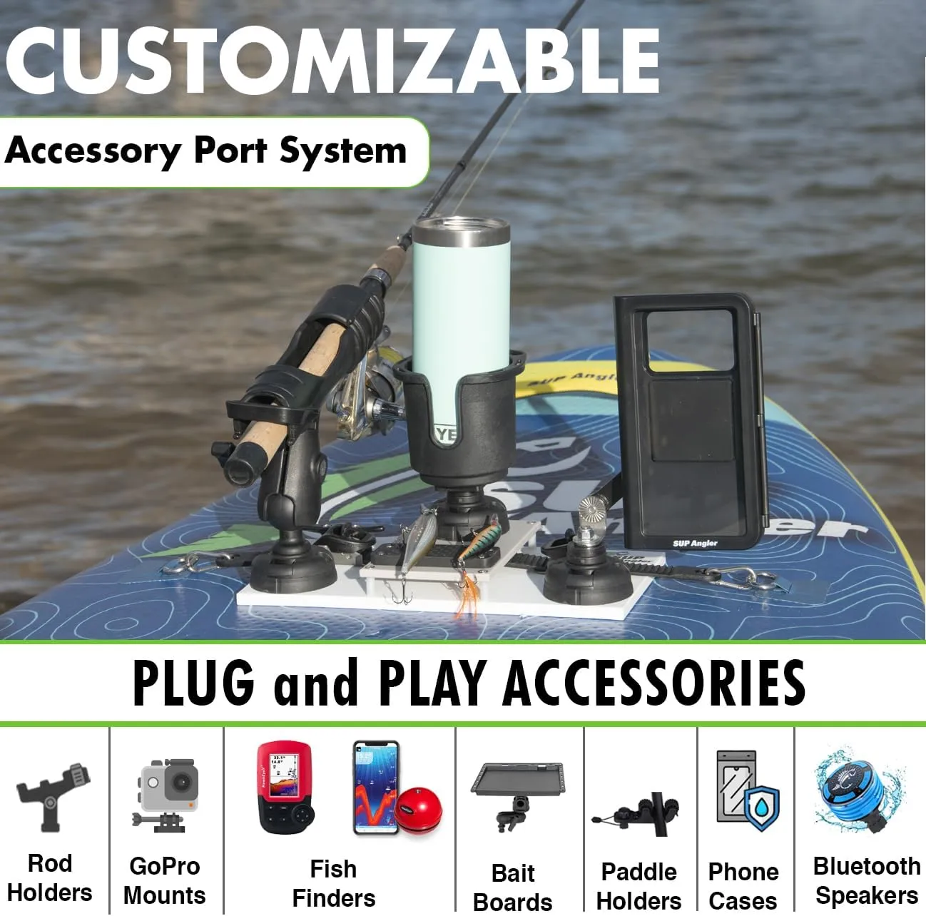 SUP Angler Lite Universal Paddle Board Mount with Paddle Board Fishing Rod Holders, Phone Holders, Cup Holders; Paddle Board Accessories