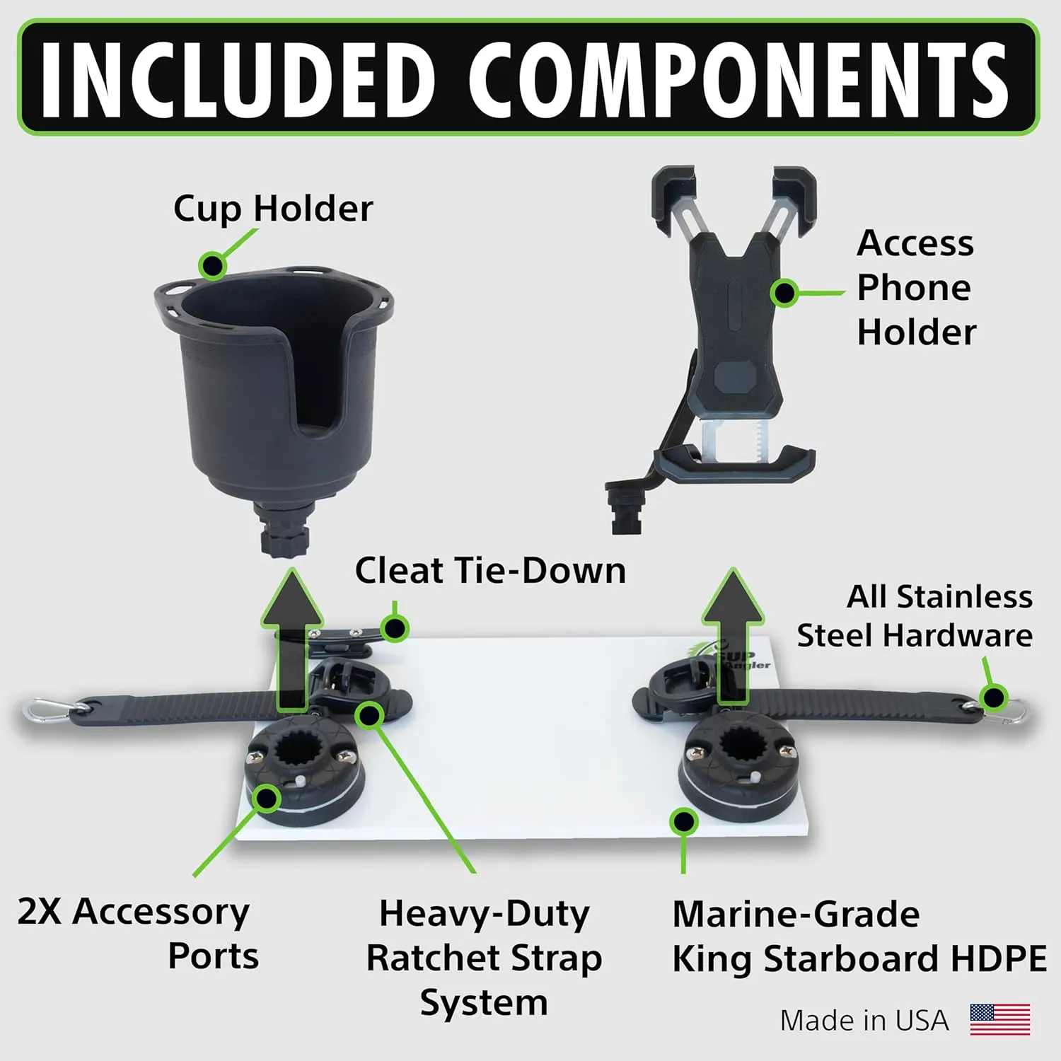 SUP Angler Lite Universal Paddle Board Mount with Paddle Board Fishing Rod Holders, Phone Holders, Cup Holders; Paddle Board Accessories