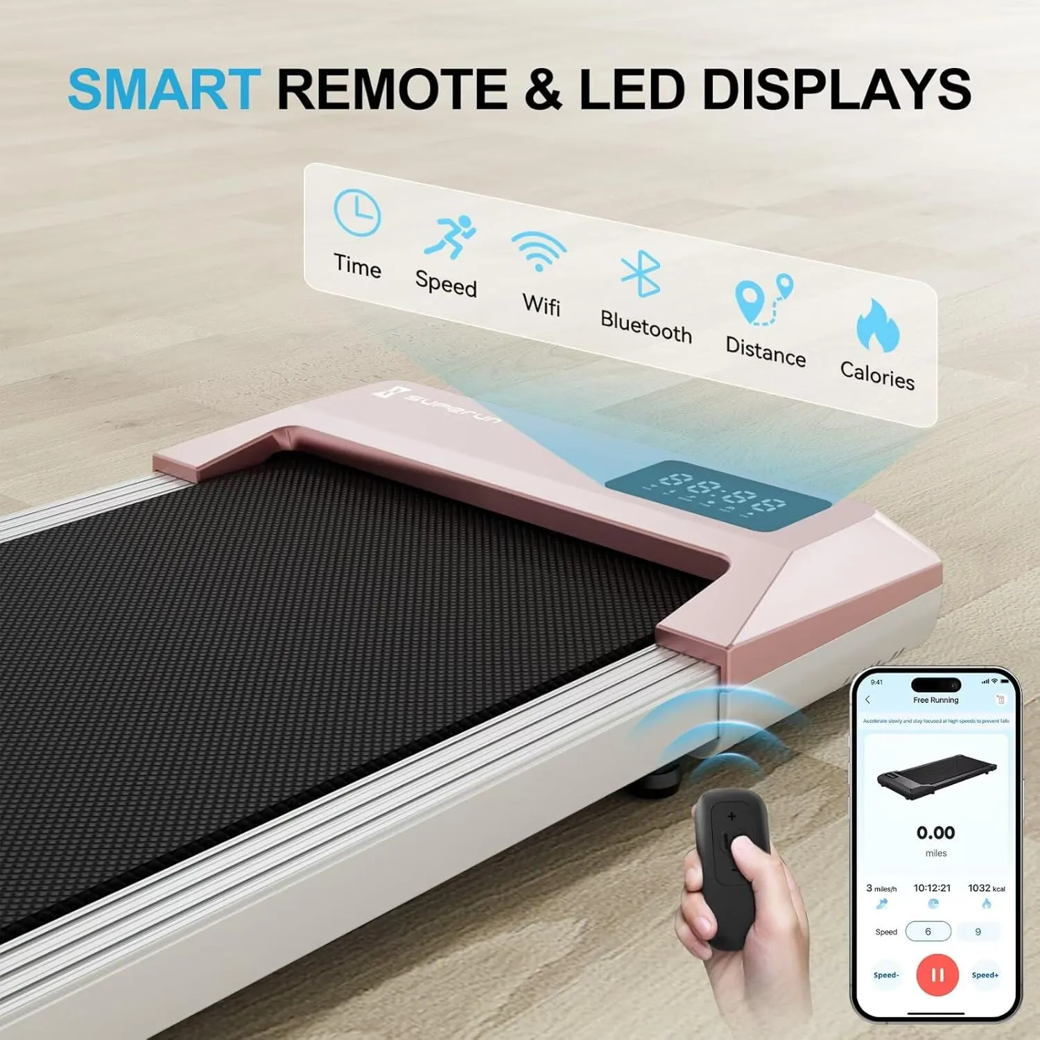 SupeRun Walking Pad, Under Desk Treadmills for Home and Office Small Space, 2.5 HP Portable Mini Jogging Machine with APP and Remote Control and LED Display, 300 Lbs Capacity