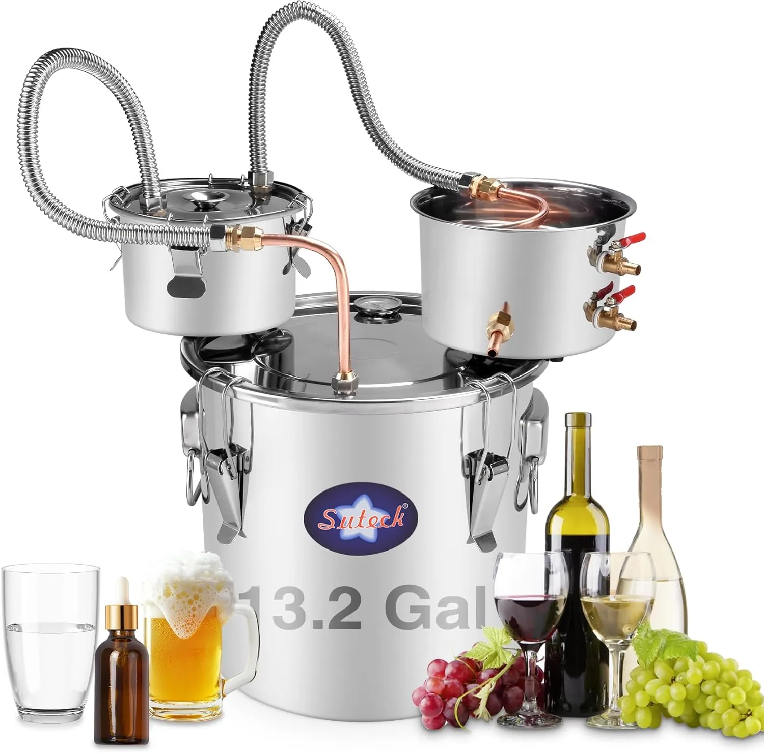 Suteck Alcohol Still 13.2Gal 50L Stainless Steel Alcohol Distiller Copper Tube Spirit Boiler W/Thumper Keg and Build-in Thermometer for Home Brewing and DIY Whisky Wine Brandy Making, Included Pump