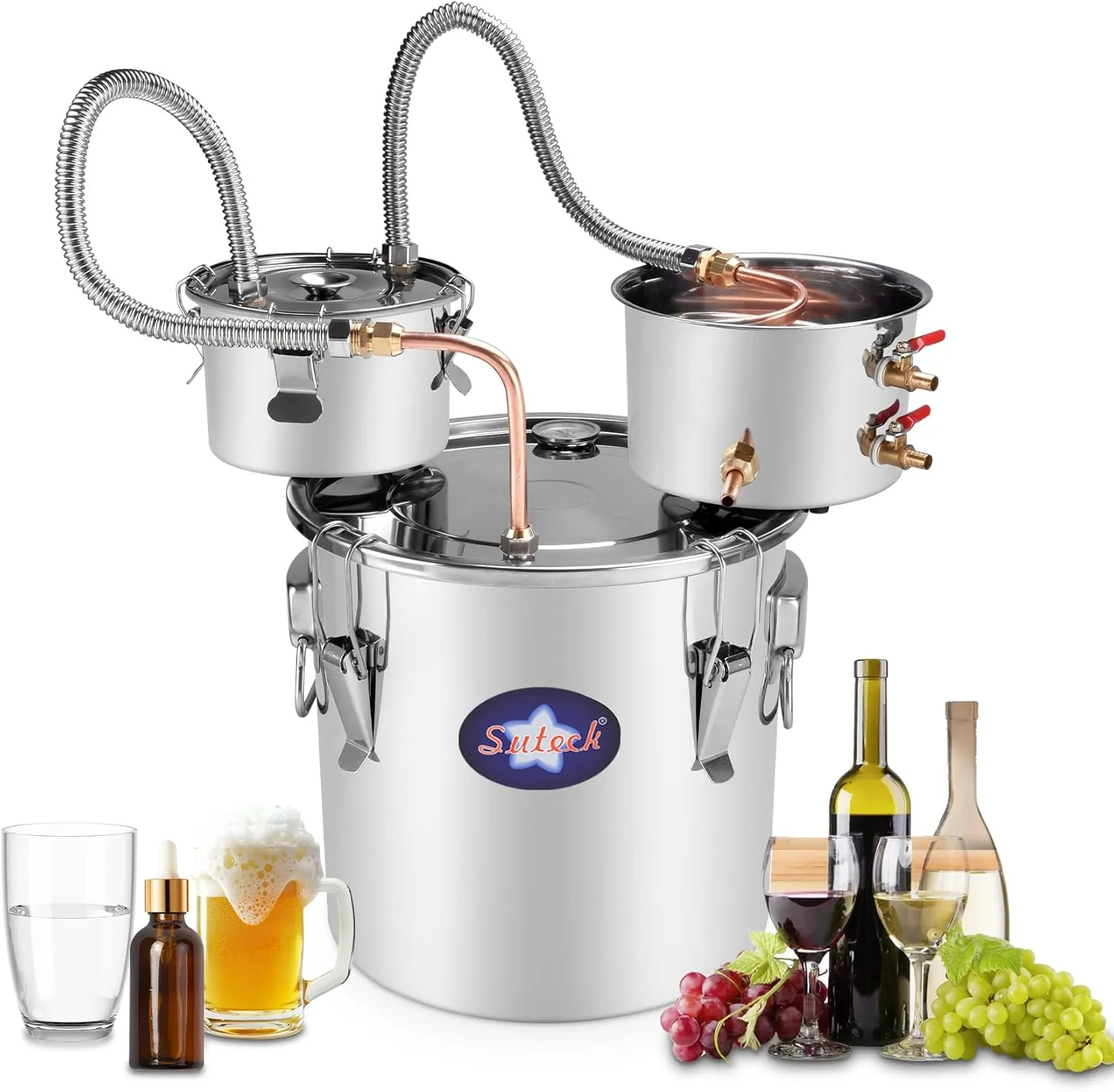 Suteck Alcohol Still 13.2Gal 50L Stainless Steel Alcohol Distiller Copper Tube Spirit Boiler W/Thumper Keg and Build-in Thermometer for Home Brewing and DIY Whisky Wine Brandy Making, Included Pump