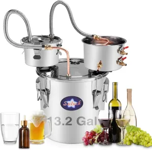 Suteck Alcohol Still 13.2Gal 50L Stainless Steel Alcohol Distiller Copper Tube Spirit Boiler W/Thumper Keg and Build-in Thermometer for Home Brewing and DIY Whisky Wine Brandy Making, Included Pump