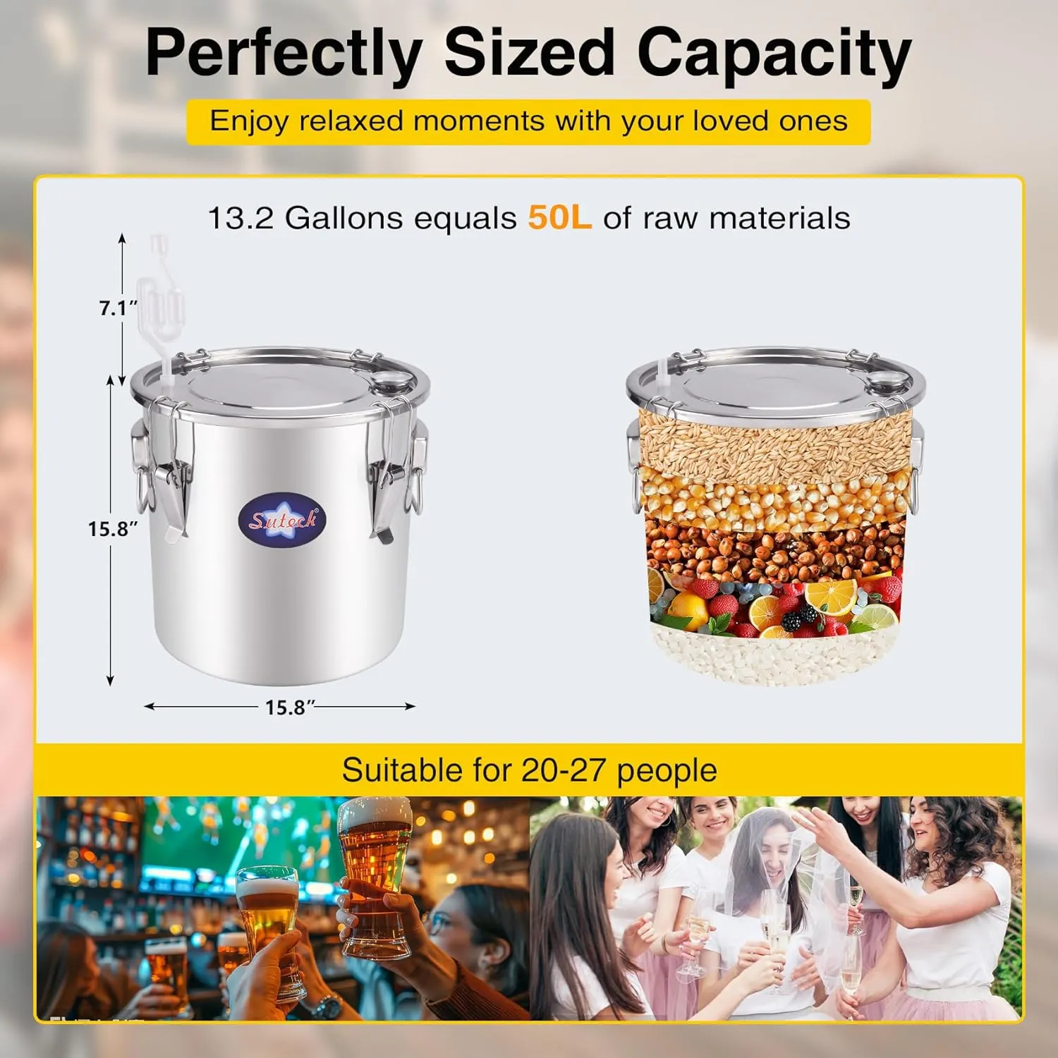 Suteck Alcohol Still 13.2Gal 50L Stainless Steel Alcohol Distiller Copper Tube Spirit Boiler W/Thumper Keg and Build-in Thermometer for Home Brewing and DIY Whisky Wine Brandy Making, Included Pump