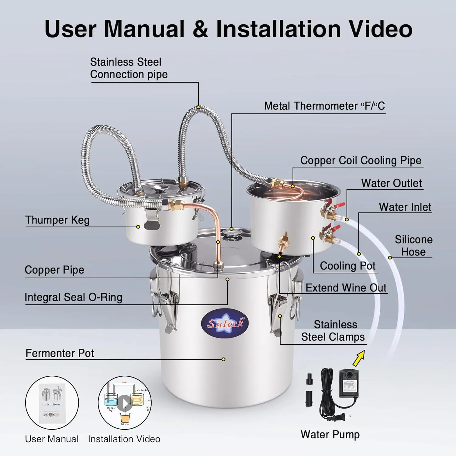 Suteck Alcohol Still 13.2Gal 50L Stainless Steel Alcohol Distiller Copper Tube Spirit Boiler W/Thumper Keg and Build-in Thermometer for Home Brewing and DIY Whisky Wine Brandy Making, Included Pump