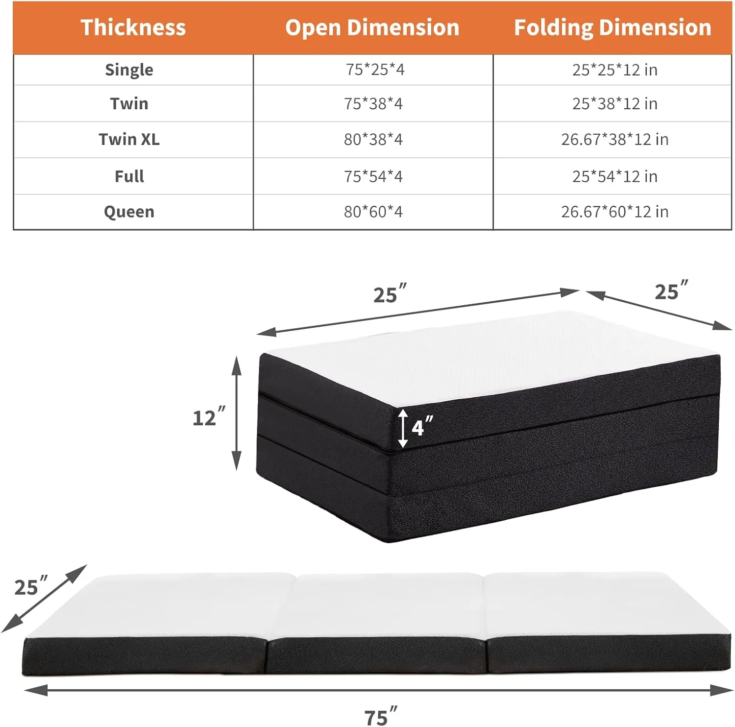 Sweetcrispy Tri-fold Memory Foam Mattress - 4 Inch Single Size Portable Bed Pad, Foldable Floor Mat, Collapsible and Washable Cover with CertiPUR-US Certified, for Travel & Camping & Yoga