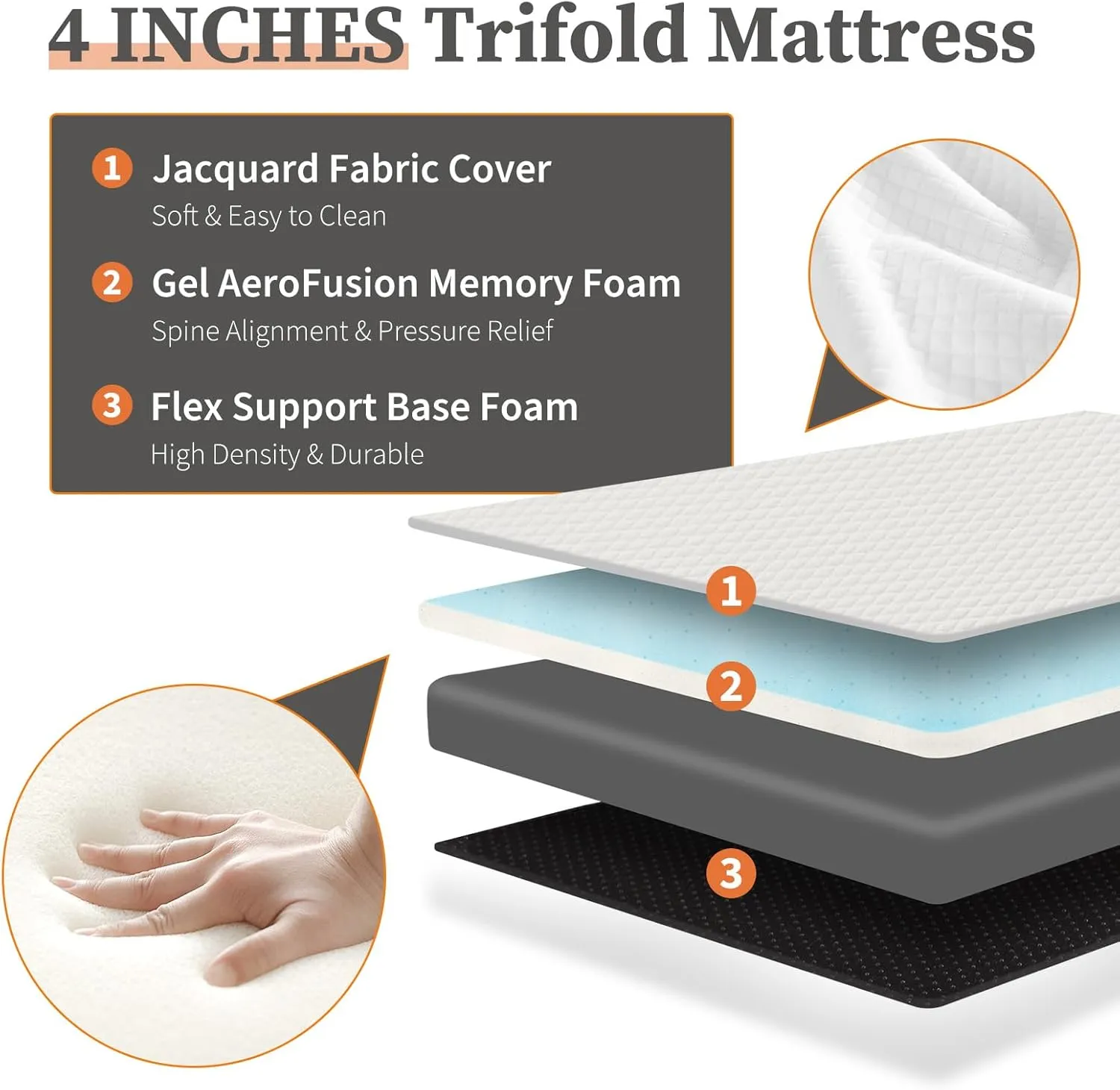 Sweetcrispy Tri-fold Memory Foam Mattress - 4 Inch Single Size Portable Bed Pad, Foldable Floor Mat, Collapsible and Washable Cover with CertiPUR-US Certified, for Travel & Camping & Yoga