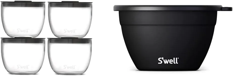 S'well Prep Food Glass Bowls - Set of 4, 12oz - Make Meal Easy and Convenient - Leak-Resistant Pop-T and Stainless Steel Salad Bowl Kit - 64oz, Onyx - Comes with 2oz Condiment Container and Removabl