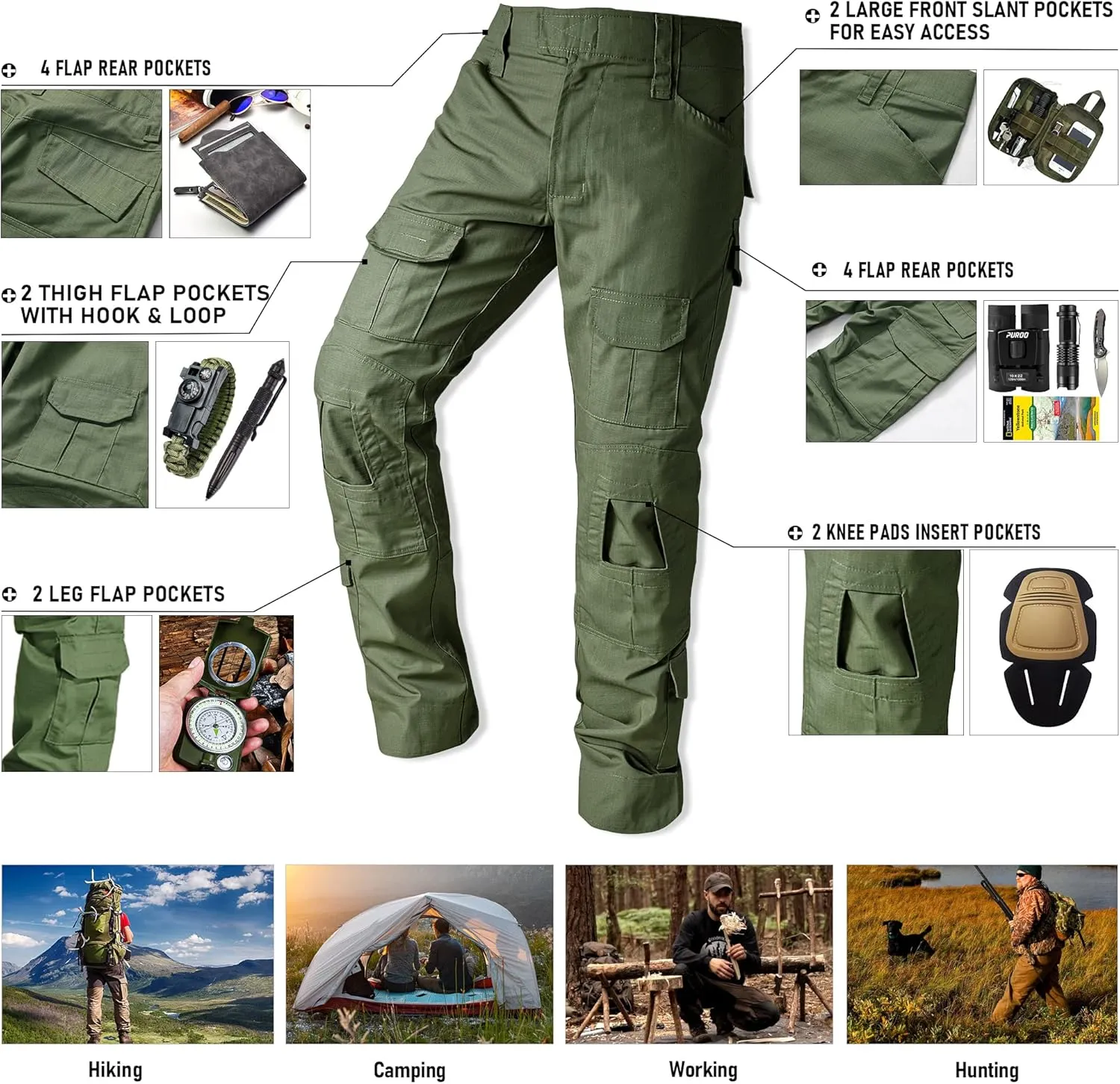 Tactical Camo Cargo Pants for Men - Outdoor Hiking Ripstop Work Pants With Multi Pockets - No Belt, No Kneepad