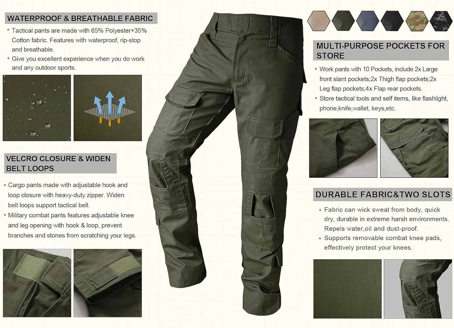 Tactical Camo Cargo Pants for Men - Outdoor Hiking Ripstop Work Pants With Multi Pockets - No Belt, No Kneepad