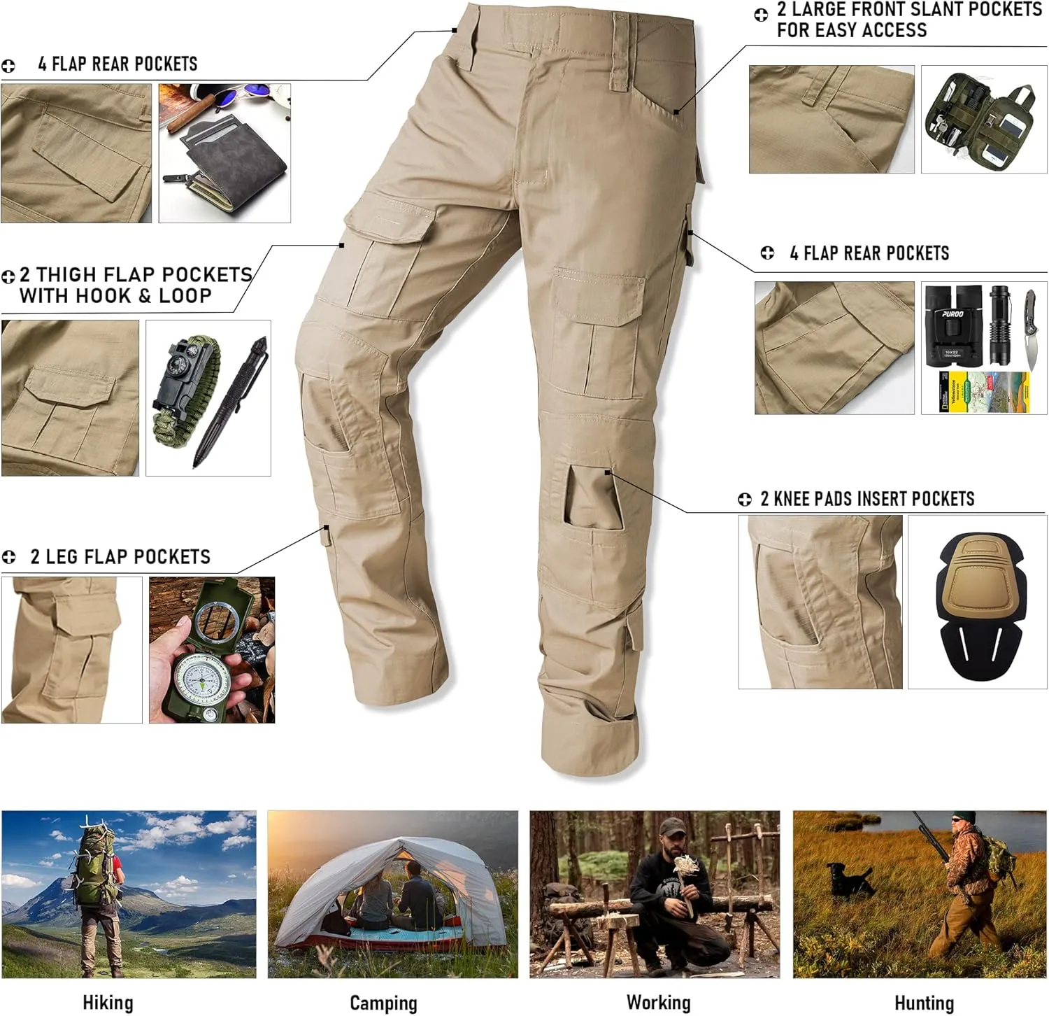 Tactical Camo Cargo Pants for Men - Outdoor Hiking Ripstop Work Pants With Multi Pockets - No Belt, No Kneepad