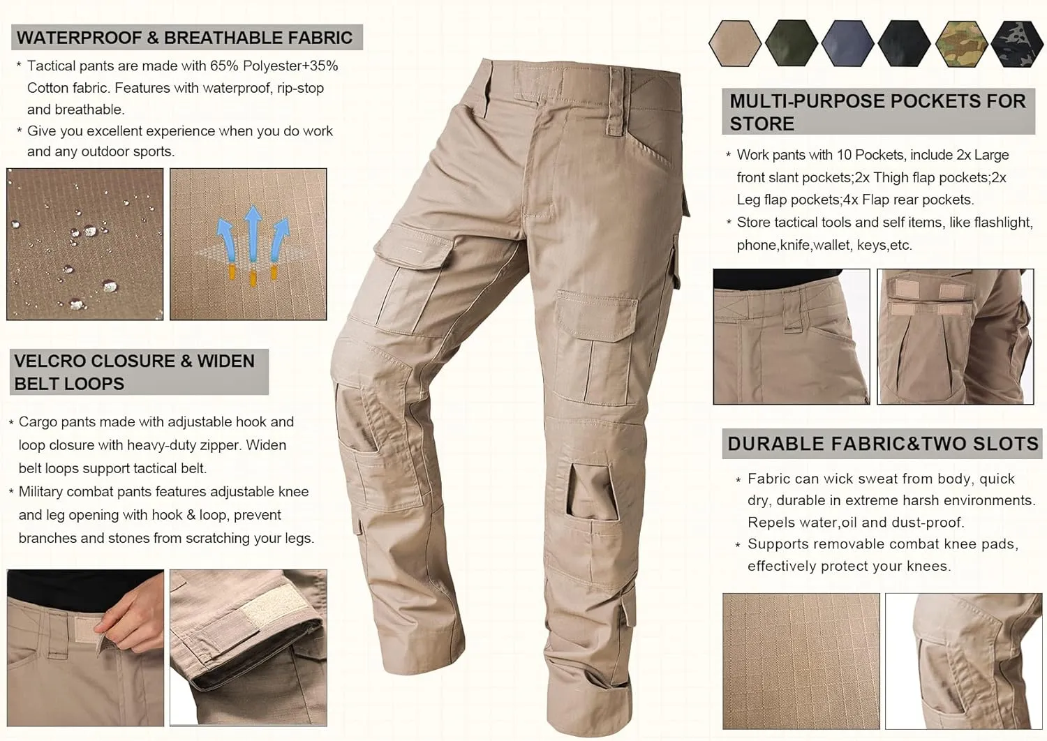 Tactical Camo Cargo Pants for Men - Outdoor Hiking Ripstop Work Pants With Multi Pockets - No Belt, No Kneepad