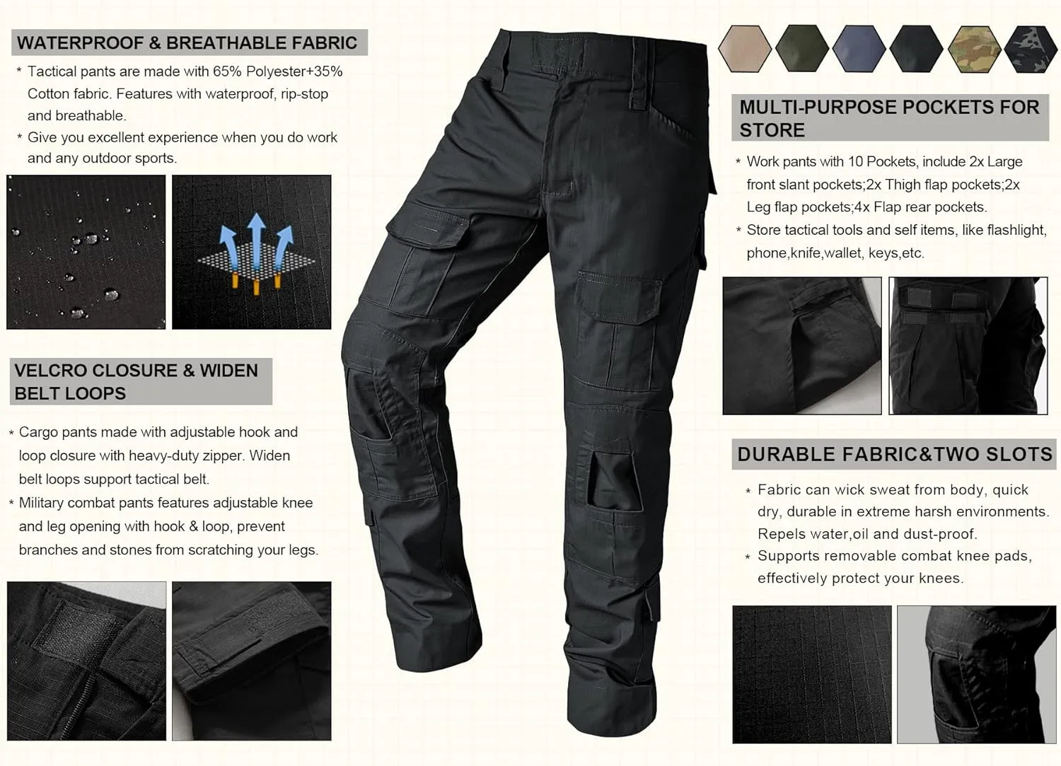Tactical Camo Cargo Pants for Men - Outdoor Hiking Ripstop Work Pants With Multi Pockets - No Belt, No Kneepad