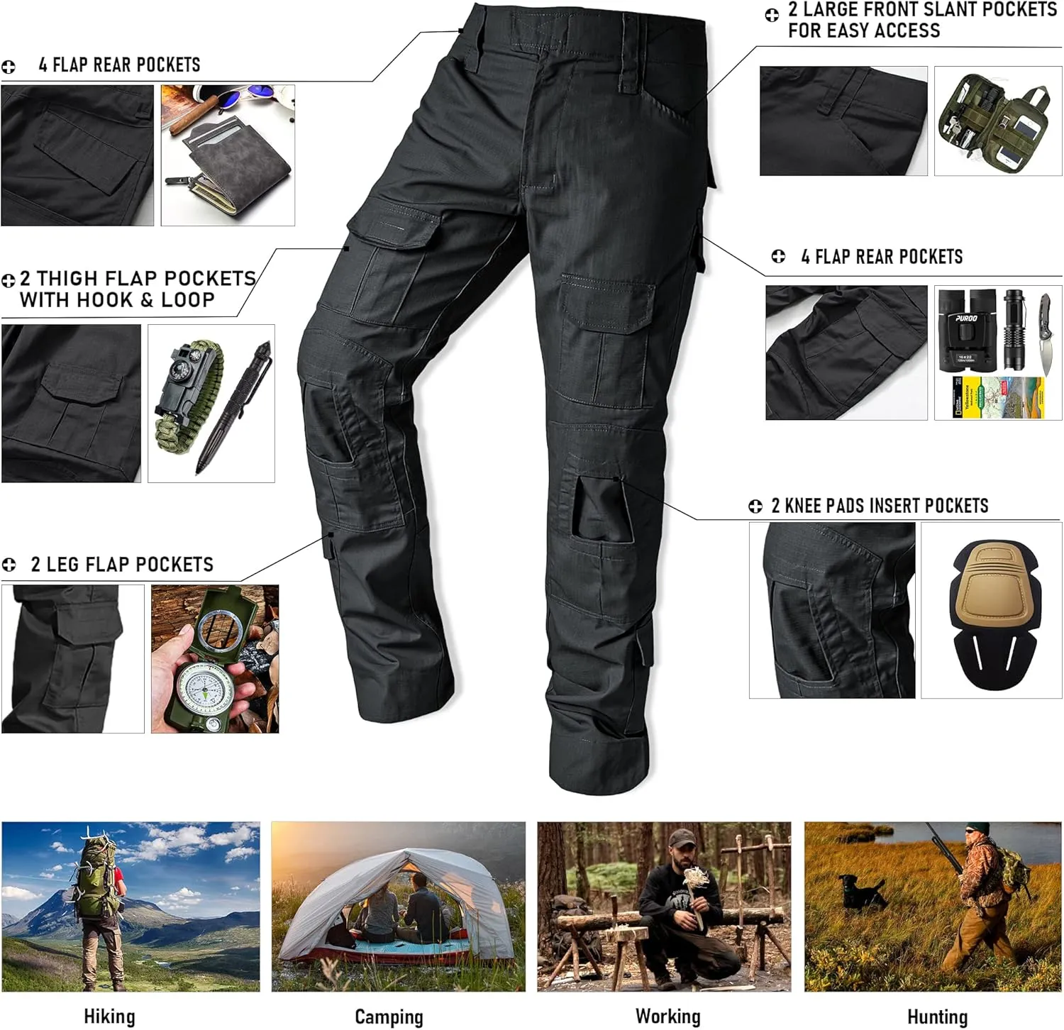 Tactical Camo Cargo Pants for Men - Outdoor Hiking Ripstop Work Pants With Multi Pockets - No Belt, No Kneepad
