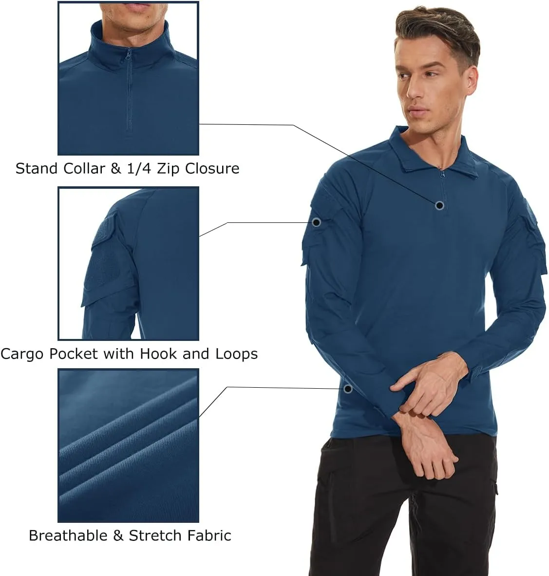 TACVASEN Men's Tactical Shirt Long Sleeve Combat Shirt 1/4 Zip with Pockets Military Army Paintball Airsoft Breathable