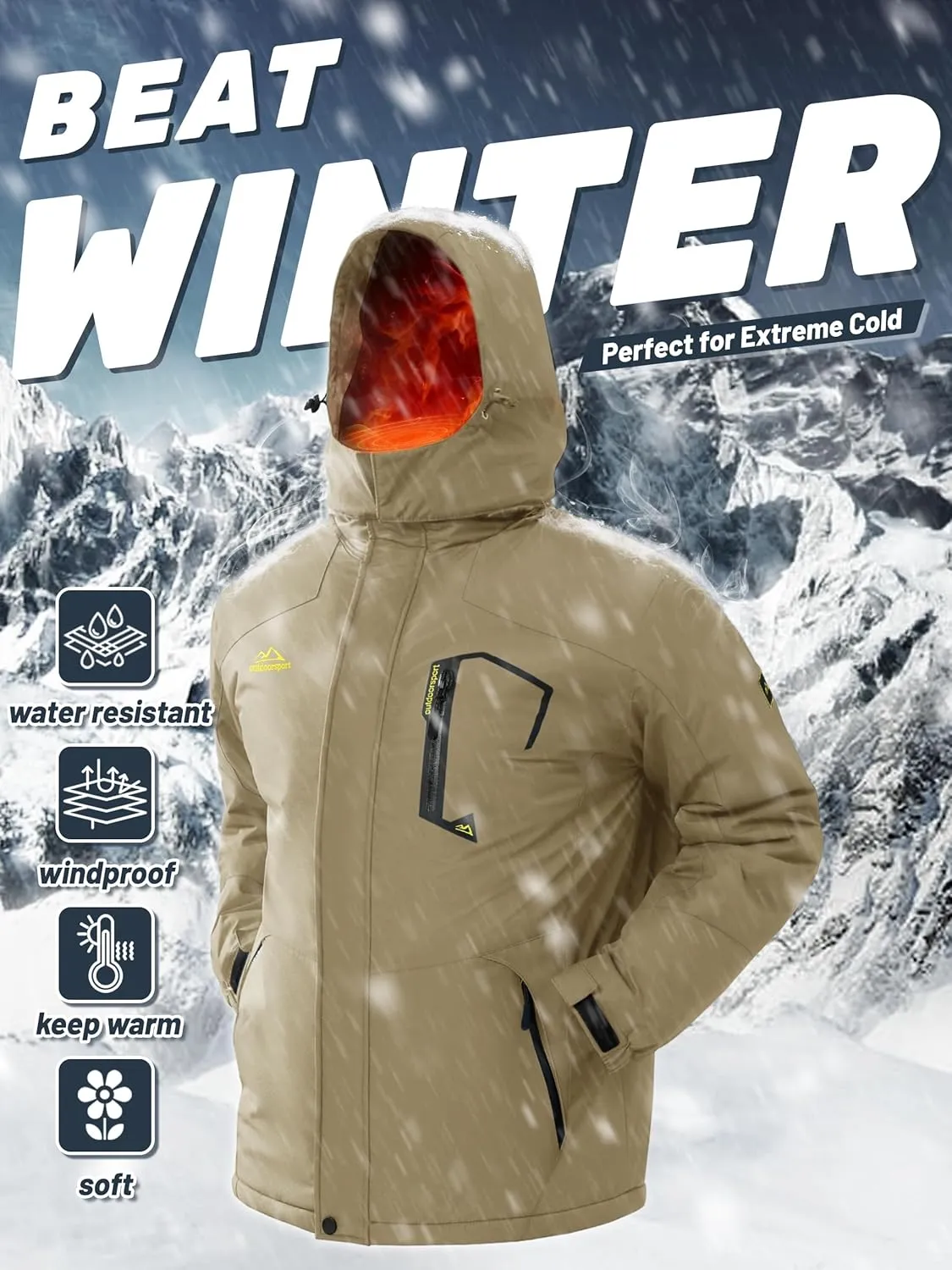 TACVASEN Men's Winter Skiing Jackets Water Resistant Fleece Coats Insulated Thermal Snowboard Jacket Parka Raincoat with Hood