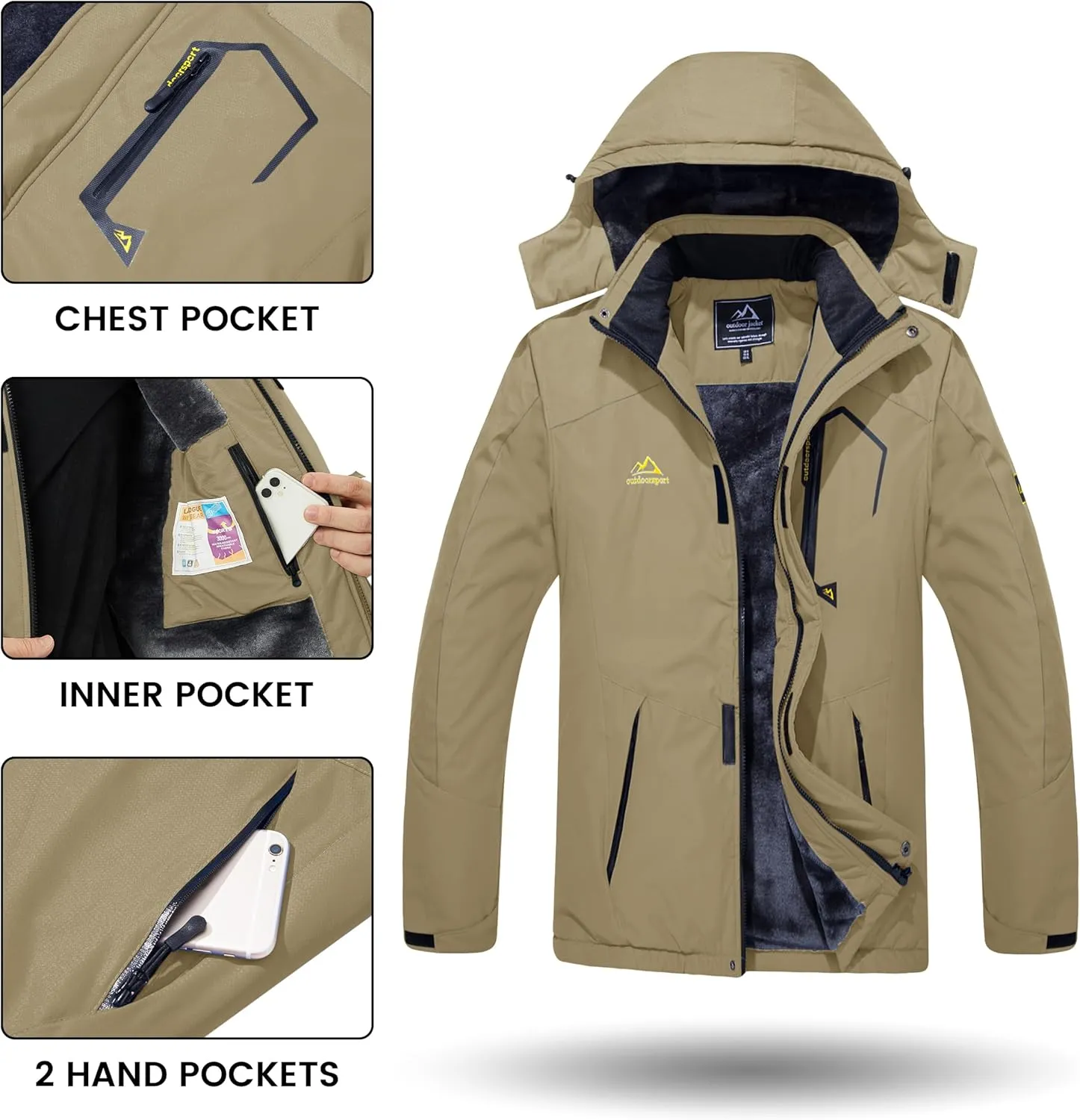 TACVASEN Men's Winter Skiing Jackets Water Resistant Fleece Coats Insulated Thermal Snowboard Jacket Parka Raincoat with Hood