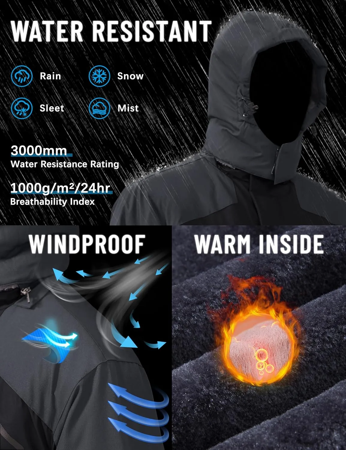 TACVASEN Men's Winter Skiing Jackets Water Resistant Fleece Coats Insulated Thermal Snowboard Jacket Parka Raincoat with Hood