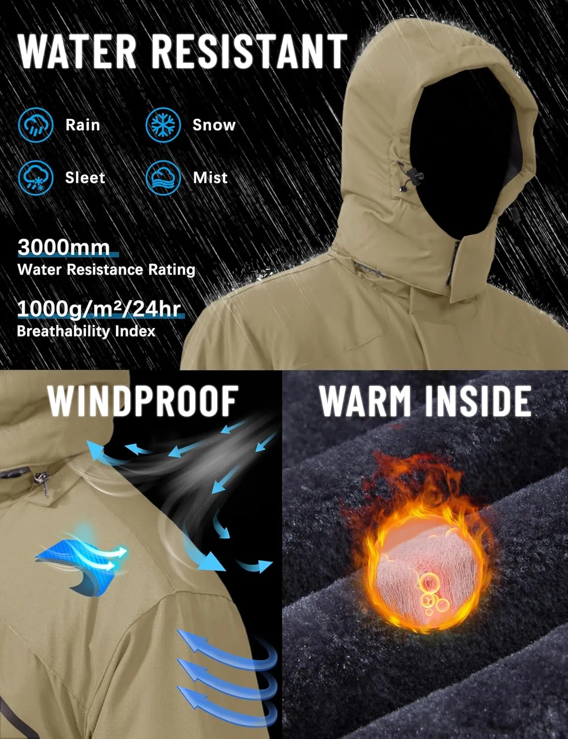 TACVASEN Men's Winter Skiing Jackets Water Resistant Fleece Coats Insulated Thermal Snowboard Jacket Parka Raincoat with Hood