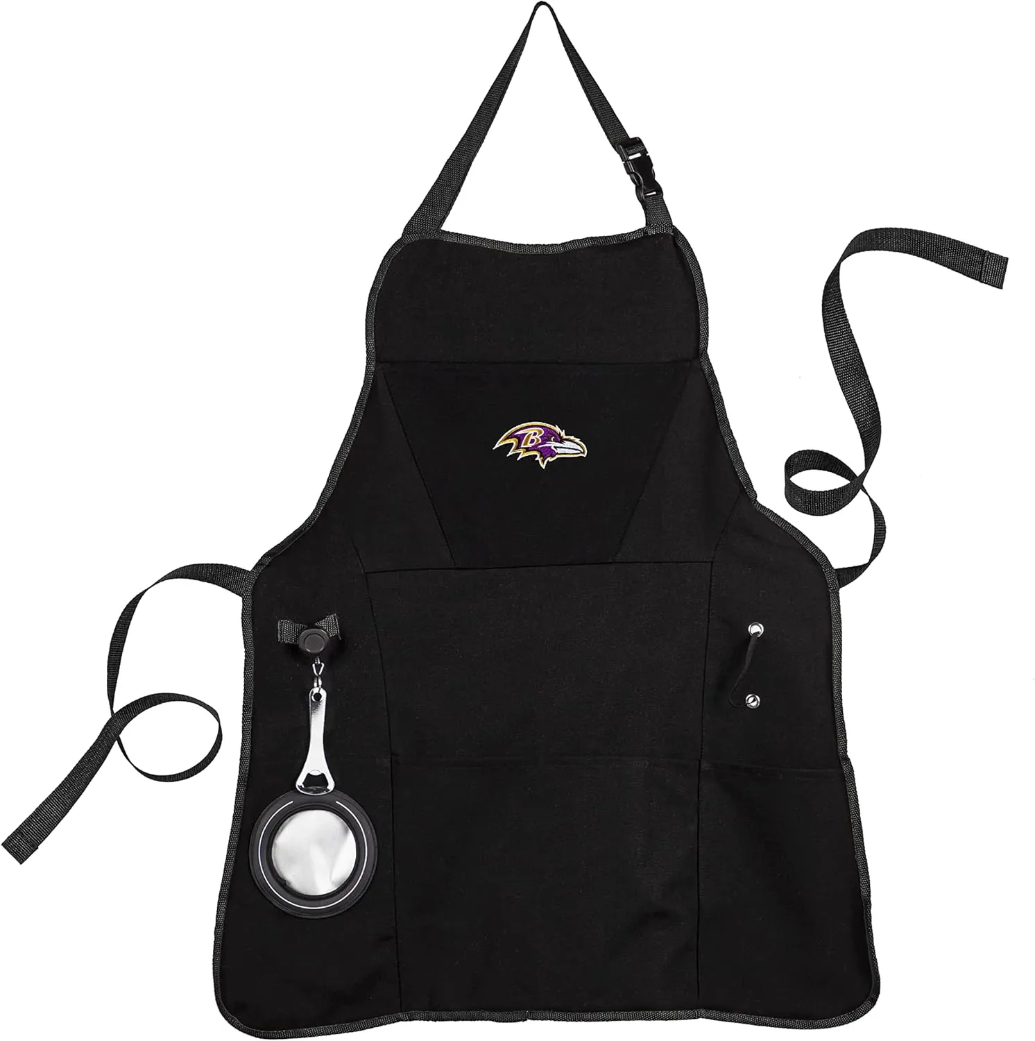 Team Sports America Outdoor NFL Black Grilling Apron | Baltimore Ravens | Made of Durable Cotton | Beverage Opener and Multi-Tool | Sports and Tailgaiting Apparel