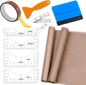 Teflon Sheet for Heat Press T Shirt Teflon Paper Heat Tape for Sublimation Heat Resistant Transfer Tape 1 Set T Shirt Alignment Ruler Guide to Center Designs with Weeding Tool for Vinyl Craft Sewing