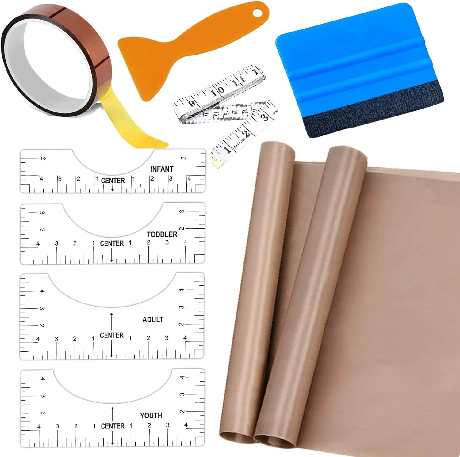 Teflon Sheet for Heat Press T Shirt Teflon Paper Heat Tape for Sublimation Heat Resistant Transfer Tape 1 Set T Shirt Alignment Ruler Guide to Center Designs with Weeding Tool for Vinyl Craft Sewing