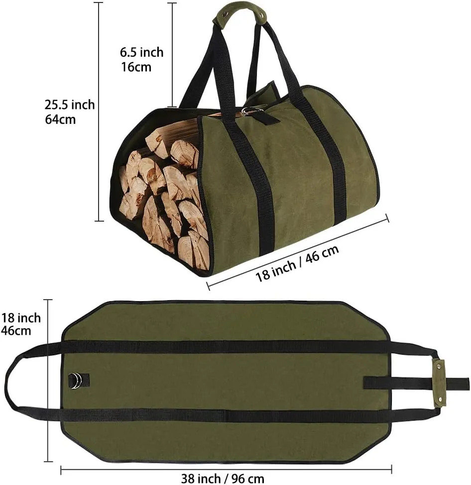 Tenn Well Wood Carrier for Firewood, 38in x 18in 16oz Waxed Canvas Firewood Carrier Log Bag with Handles Securing Straps for Camping Trip Indoor, Gifts for Men Dad Husband