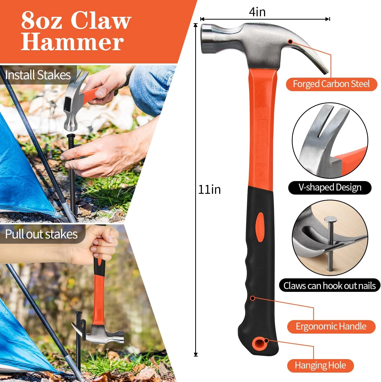 Tent Stakes and Hammer Set, 16 Pack 16in Heavy Duty Forged Steel Tent Stakes   11in Camping Hammer   Storage Bag, Available in Rocky Place(16 Pack 16in Stakes   Hammer)