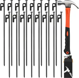 Tent Stakes and Hammer Set, 16 Pack 16in Heavy Duty Forged Steel Tent Stakes   11in Camping Hammer   Storage Bag, Available in Rocky Place(16 Pack 16in Stakes   Hammer)