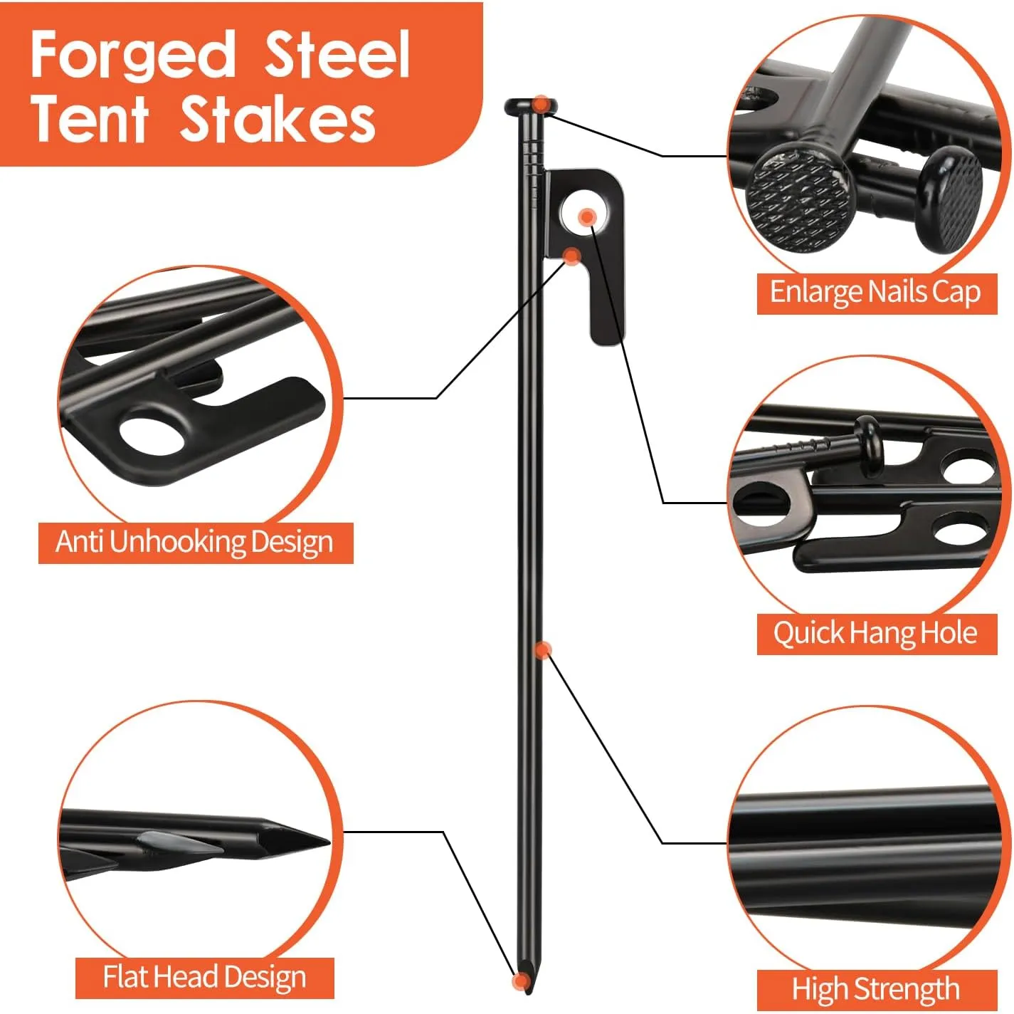 Tent Stakes and Hammer Set, 16 Pack 16in Heavy Duty Forged Steel Tent Stakes   11in Camping Hammer   Storage Bag, Available in Rocky Place(16 Pack 16in Stakes   Hammer)