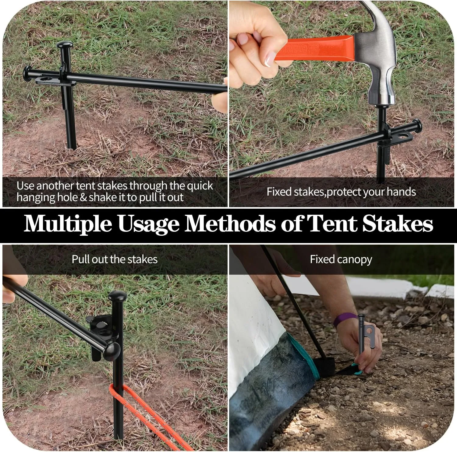 Tent Stakes and Hammer Set, 16 Pack 16in Heavy Duty Forged Steel Tent Stakes   11in Camping Hammer   Storage Bag, Available in Rocky Place(16 Pack 16in Stakes   Hammer)