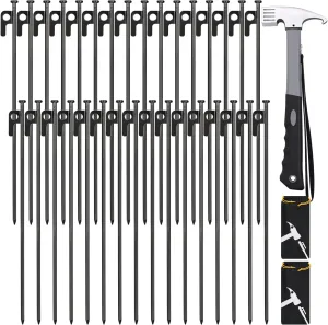 Tent Stakes and Hammer Set, 32 Pack 16in Heavy Duty Forged Steel Tent Stakes   12in Heavy Duty Camping Hammer   Storage Pouch, Available in Rocky Place(32 Pack 16in Stakes   Hammer)