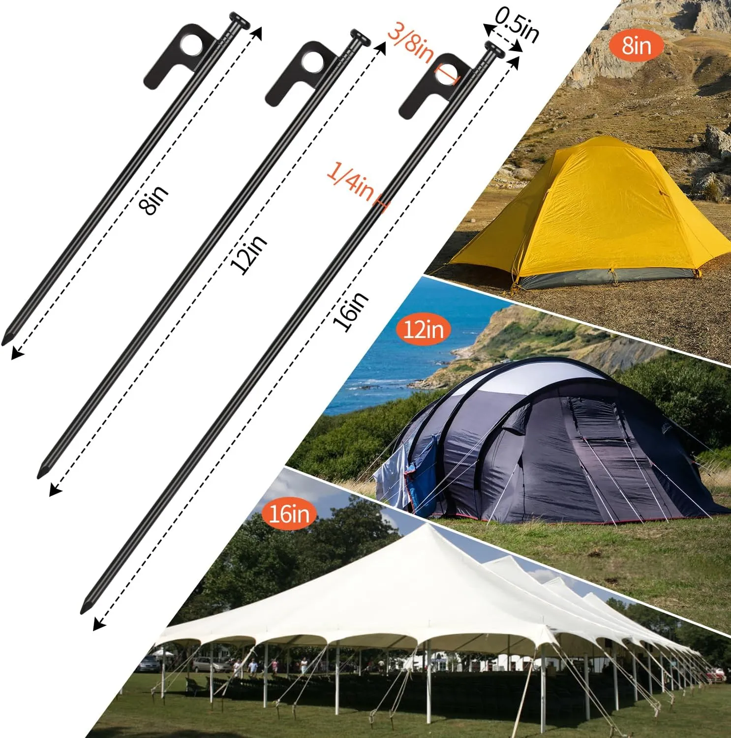 Tent Stakes and Hammer Set, 32 Pack 16in Heavy Duty Forged Steel Tent Stakes   12in Heavy Duty Camping Hammer   Storage Pouch, Available in Rocky Place(32 Pack 16in Stakes   Hammer)